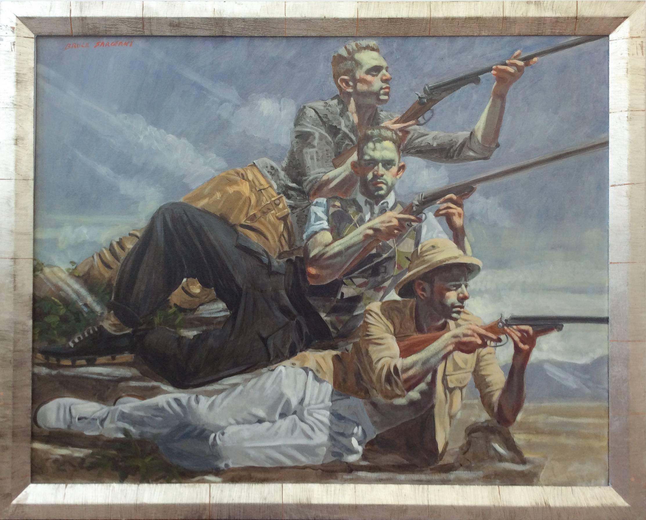 Mark Beard Figurative Painting - Three Men with Rifles (Contemporary Oil Painting of Three Hunters in  Landscape)