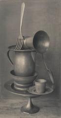 Pewter Stack (Vintage, Vertical Sepia Toned Print of Silver Pewter Dishware) 