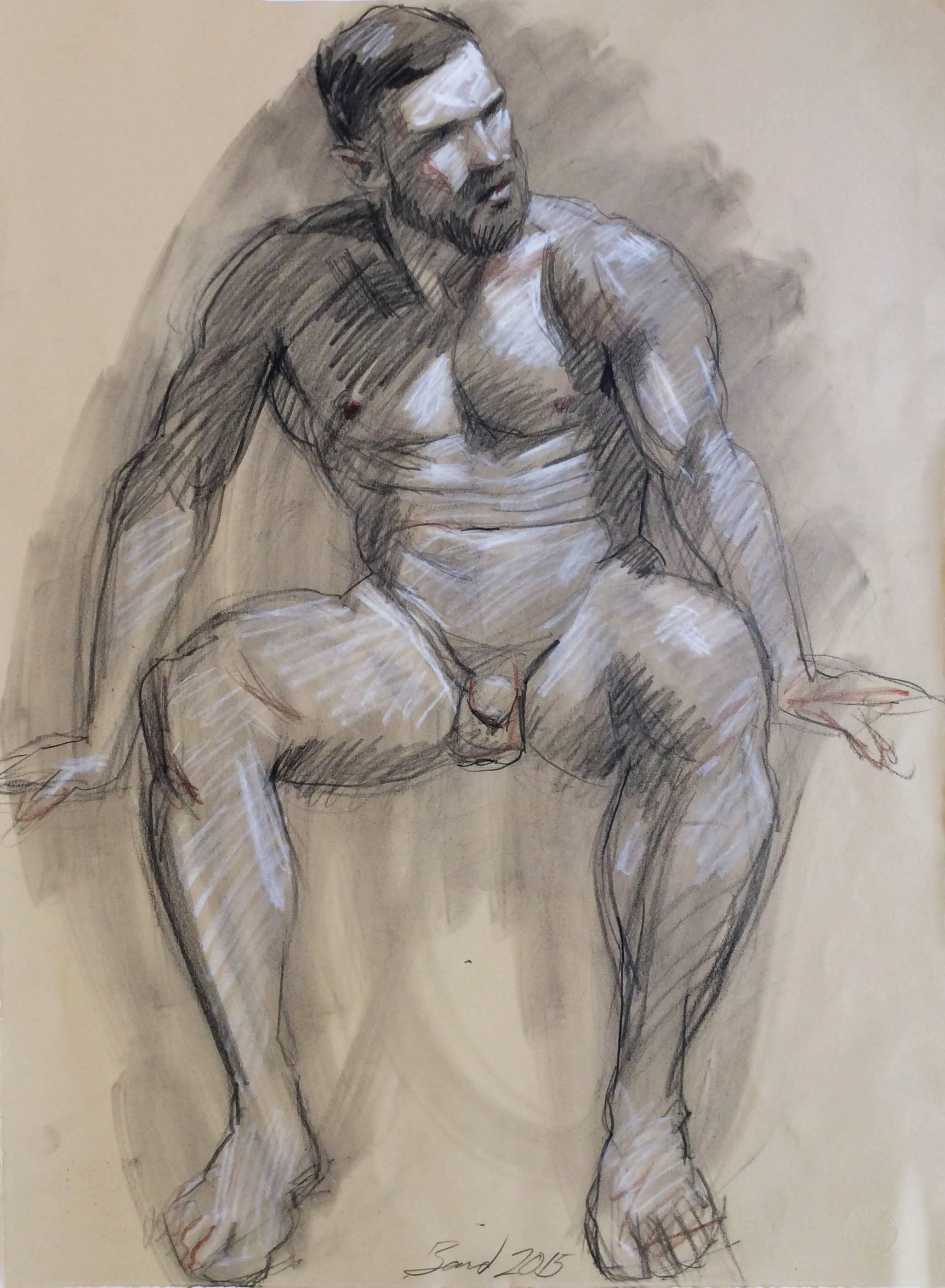 MB 825 A (Figurative Charcoal Drawing on Paper of Seated Male Nude) - Art by Mark Beard