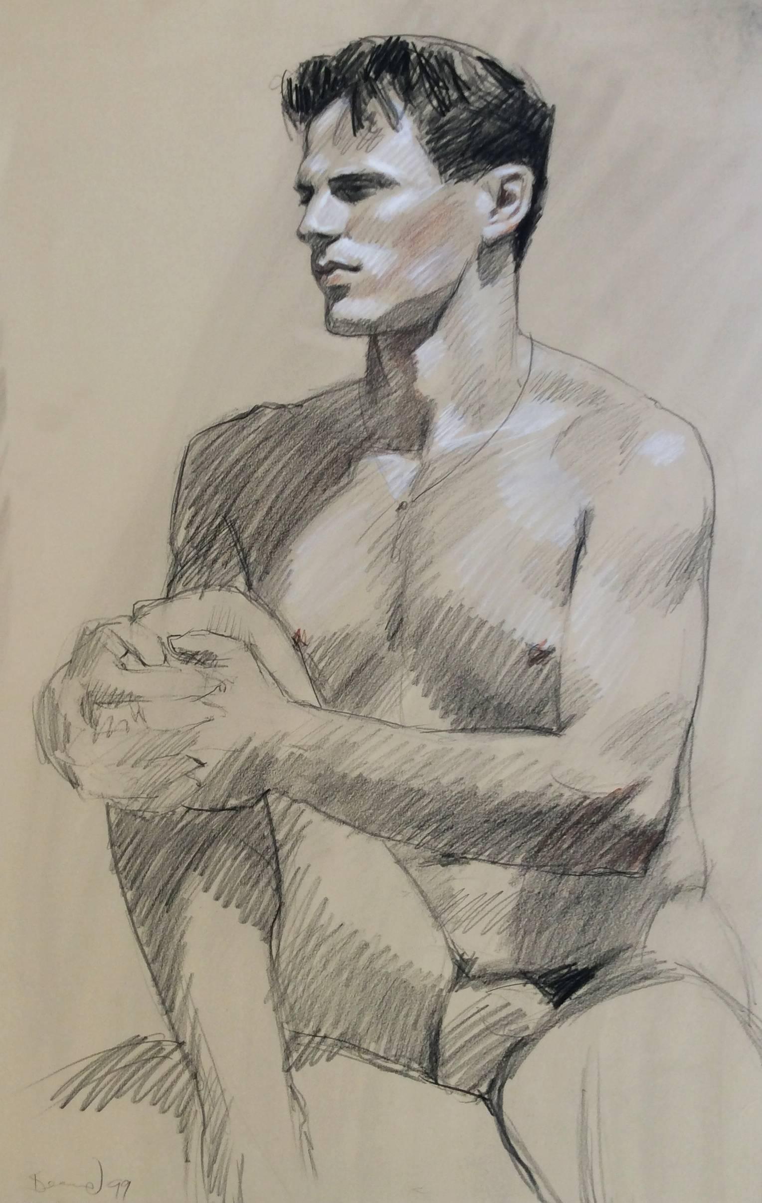 MB 815 (zeitgenössische sitzende männliche nackte figurative Zeichnung, Kohle auf Papier)