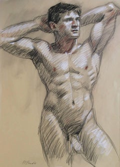 Motif figuratif masculin contemporain d'un nu, fusain sur papier MB 821 A