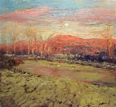 #5423 Moonrise (Impressionistic Country Landscape of Pink Sunset & Blue Sky)