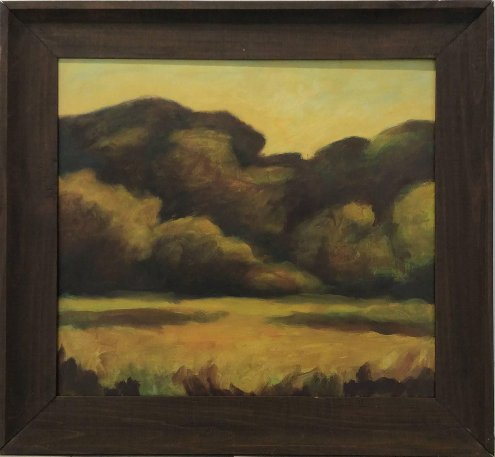 15.5 x 17 inches, oil on panel
20 x 22 x 1 inches framed, brown wood molding

Painted in a realist style that evokes the works of Andrew Wyeth and Edward Hopper, this is a painting of an American rural landscape set in a vast field that is bordered