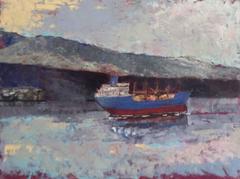 Rising High: Impressionist Landscape Painting of Mountains & Boat on Hudson Rive