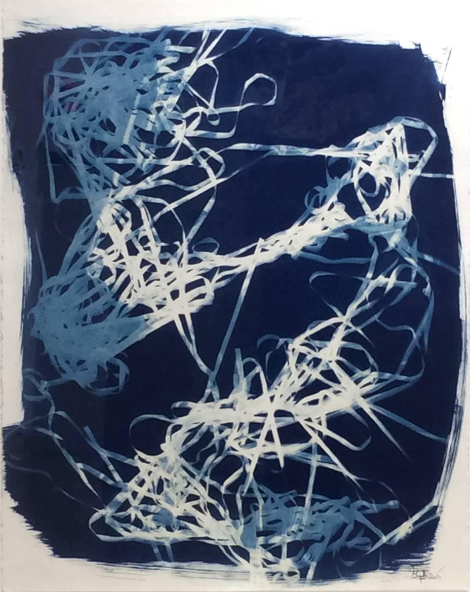 Birgit Blyth Abstract Photograph - Untitled I (Contemporary Blue Cyanotype Photograph in Modern White Frame)