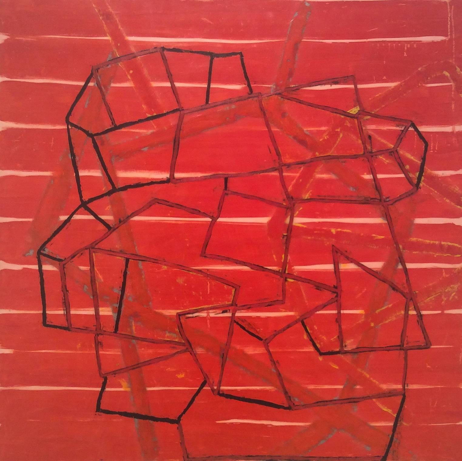 Hobgood (Abstraktes rotes Enkaustik-Gemälde auf Karton mit schwarzen geometrischen Mustern)