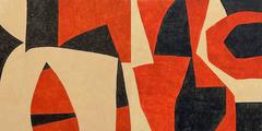 Duet (Red, Beige & Black Abstract Painting on Panel in Mid-Century Modern Style)