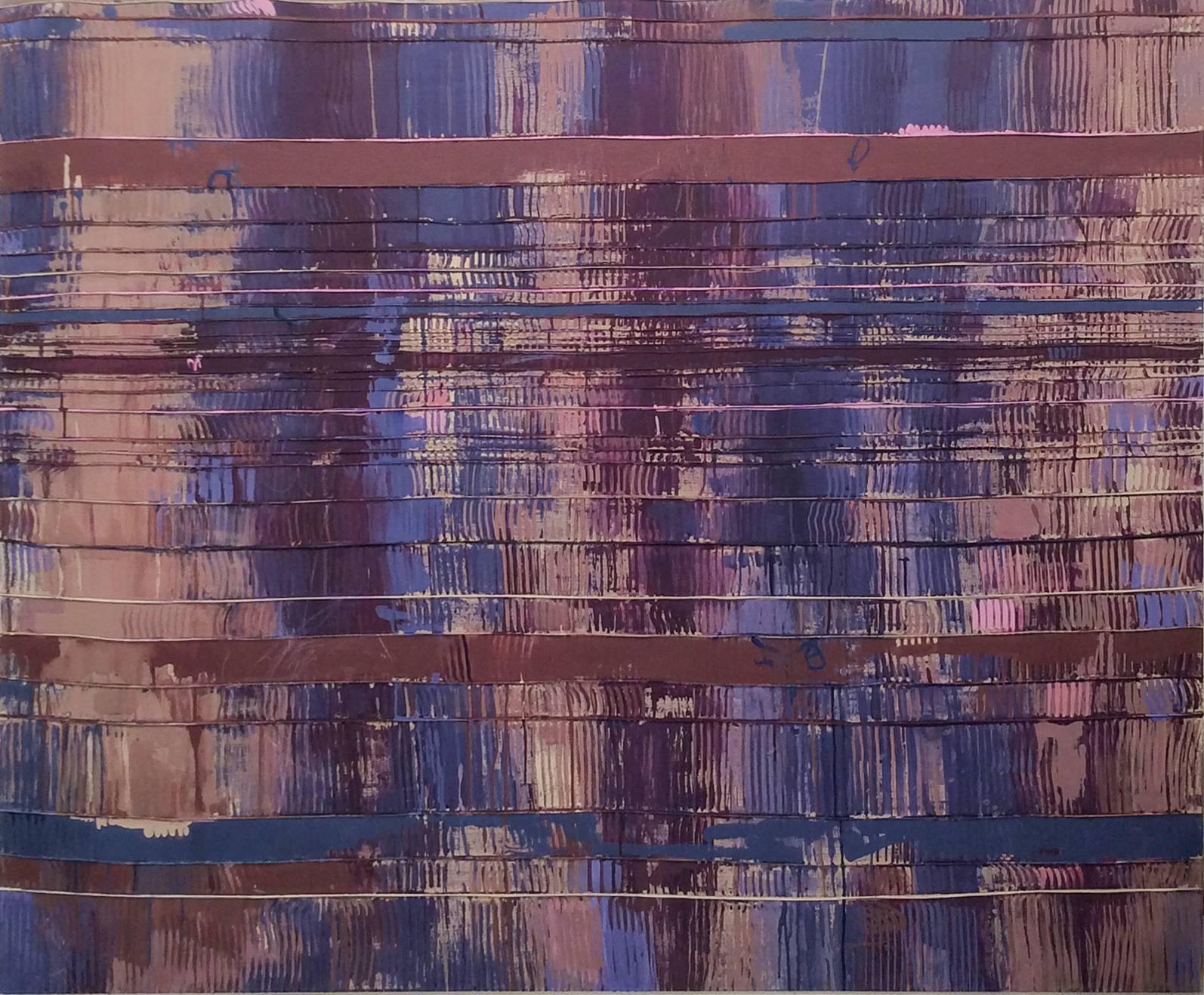 Jeanette Fintz Abstract Painting - Tirtaggana (Contemporary Abstract Violet Painting on Stitched Raw Linen)