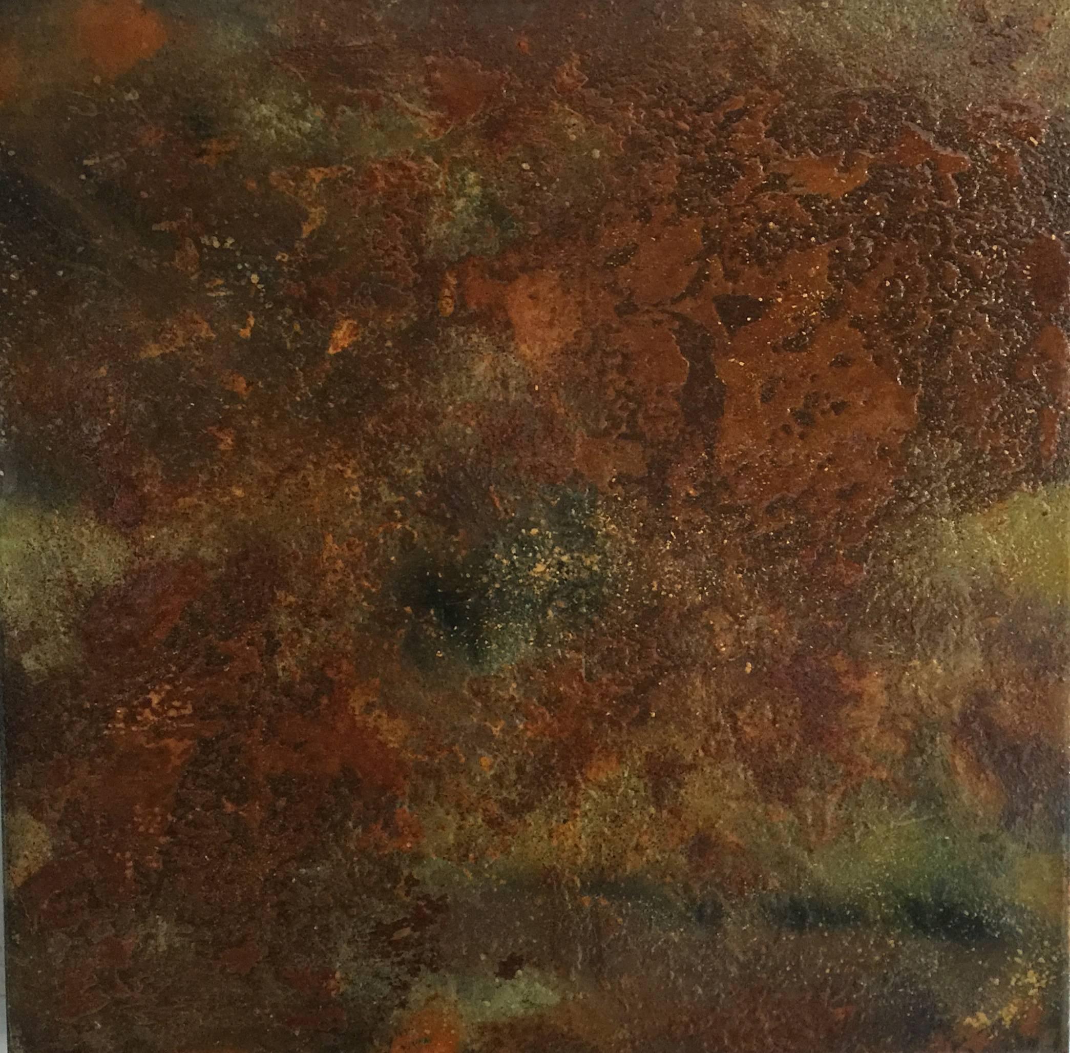 Bruce Murphy Abstract Painting - Adult Object #16 (Green and Rust Colored Abstract Enamel Painting on Metal)