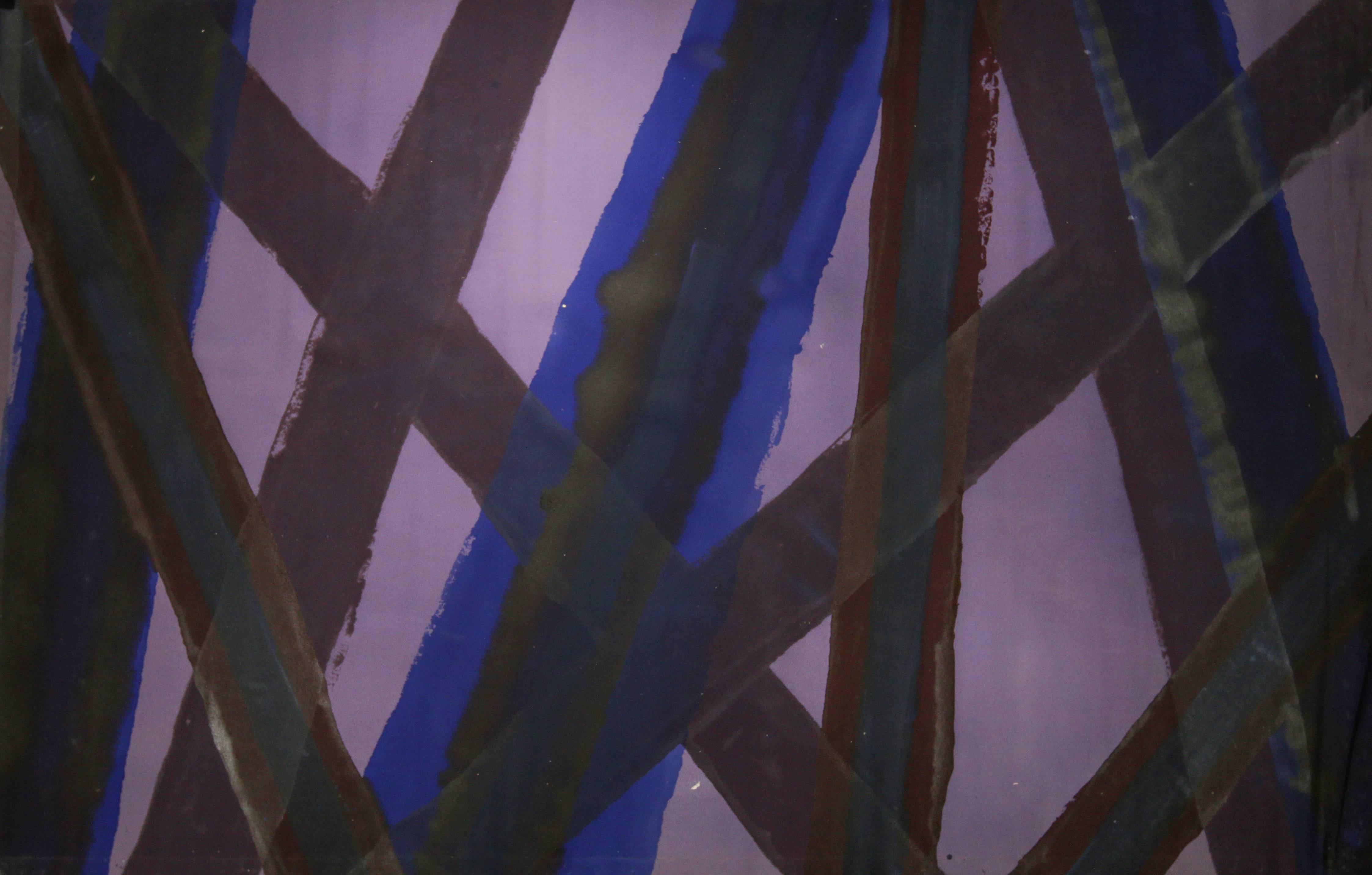 Edward Avedisian Abstract Painting - Untitled 043 (Abstract, Mid Century Modern Indigo and Purple Stripe Painting)