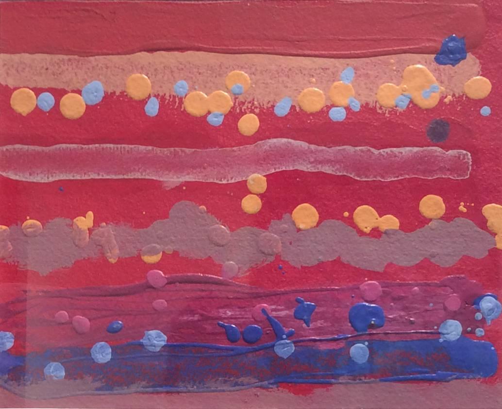 Edward Avedisian Abstract Painting - Untitled 250 (1970s Polka Dot Acrylic Painting on Paper in Red, Yellow, Blue)