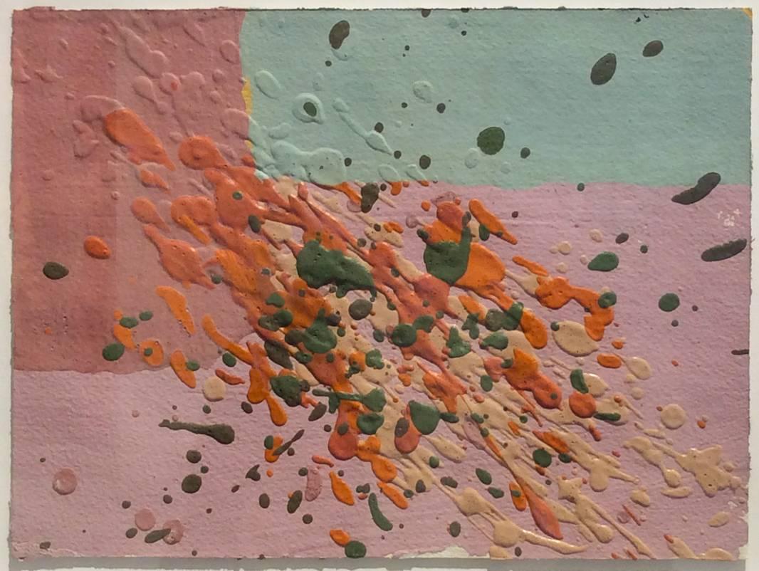 No. 251 (Abstract Expressionist Action Painting c. 1970 by Edward Avedisian)
9 x 12 inches, acrylic on paper
16 x 19 x 1 inch custom frame, white gold stain wood molding, 8 ply white mat

Explosive splattering of paint in rich tangerine orange,