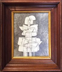 Infanta XXXIII (Abstract Cubist Drawing on Paper in Vintage Wood Frame)