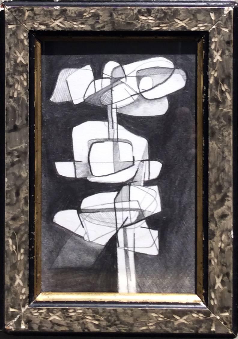 David Dew Bruner Abstract Drawing - Infanta XX (Abstract Cubist Style Modern Drawing on Paper in Vintage Frame)