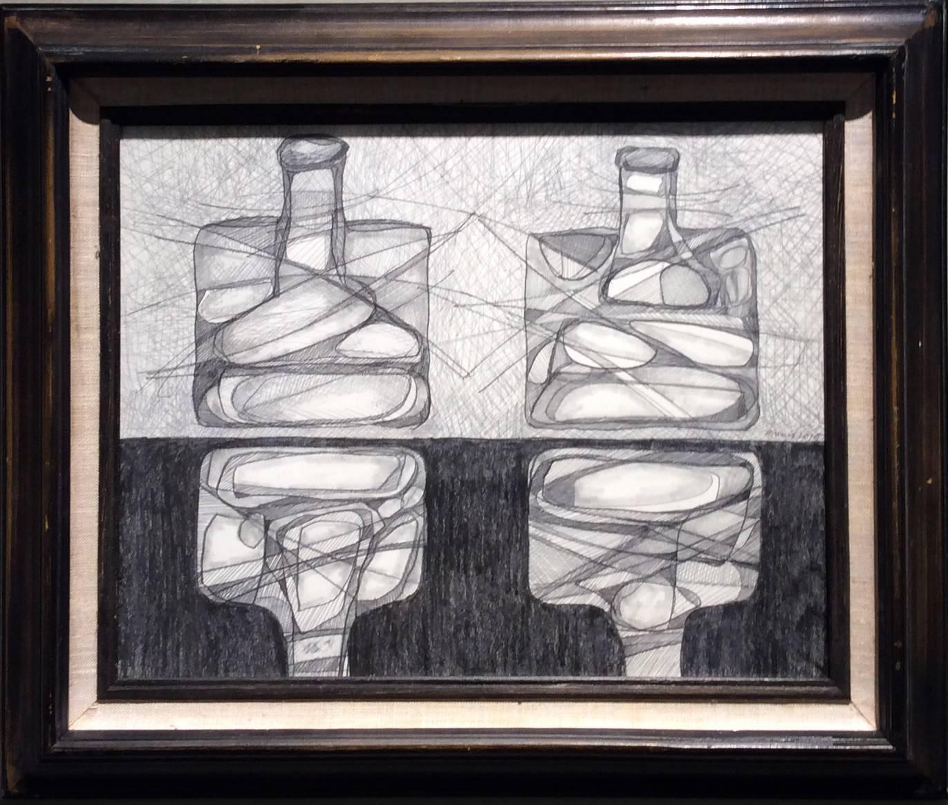 David Dew Bruner Abstract Drawing - Two Morandi Bottles: Abstract Cubist Style, Modern Drawing in Vintage Wood Frame