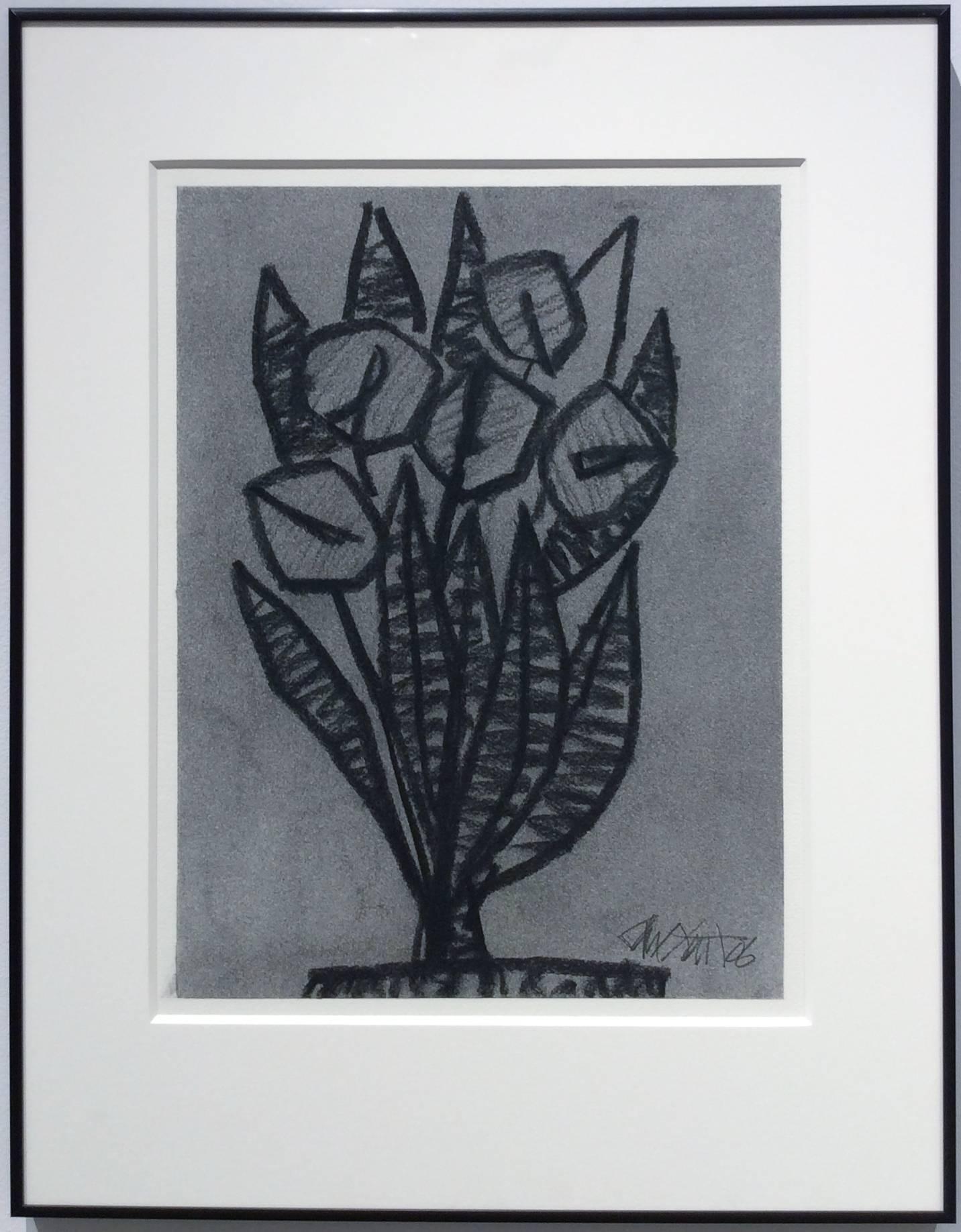 Untitled No. 28 (Cubist Black & Grey Charcoal Abstracted Flowers in Black Frame) - Art by Ralph Stout