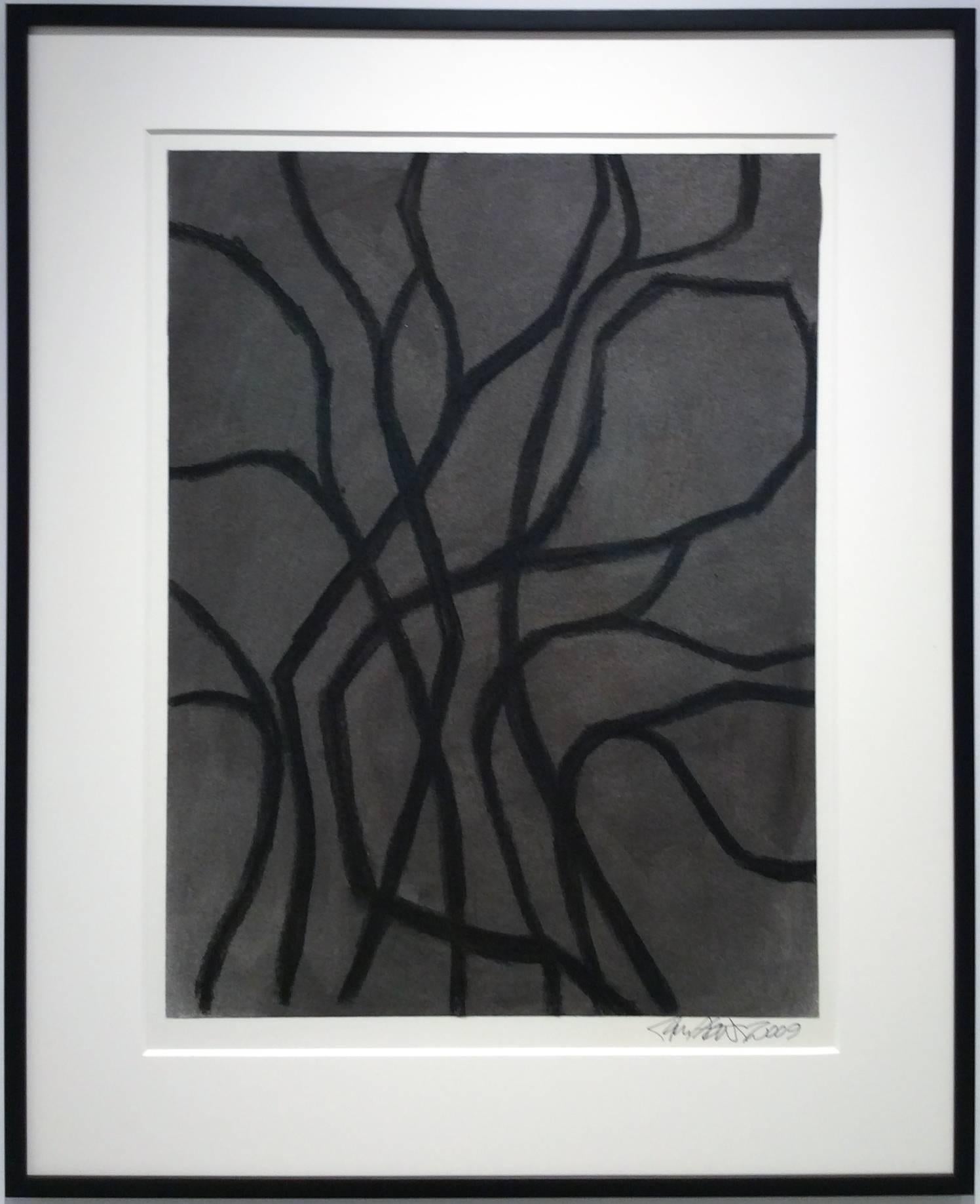 Sans titre n° 32 (D'un dessin abstrait moderne aux lignes vives noires et grises dans un cadre noir) - Art de Ralph Stout