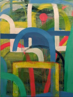 Blue Arc (Bold Contemporary Abstract Vertical Painting in Blue, Yellow & Green)