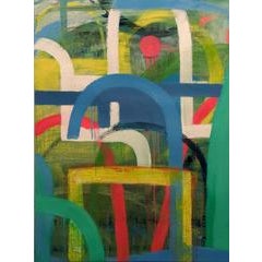 Blue Arc (Bold Contemporary Abstract Vertical Painting in Blue, Yellow & Green) 10