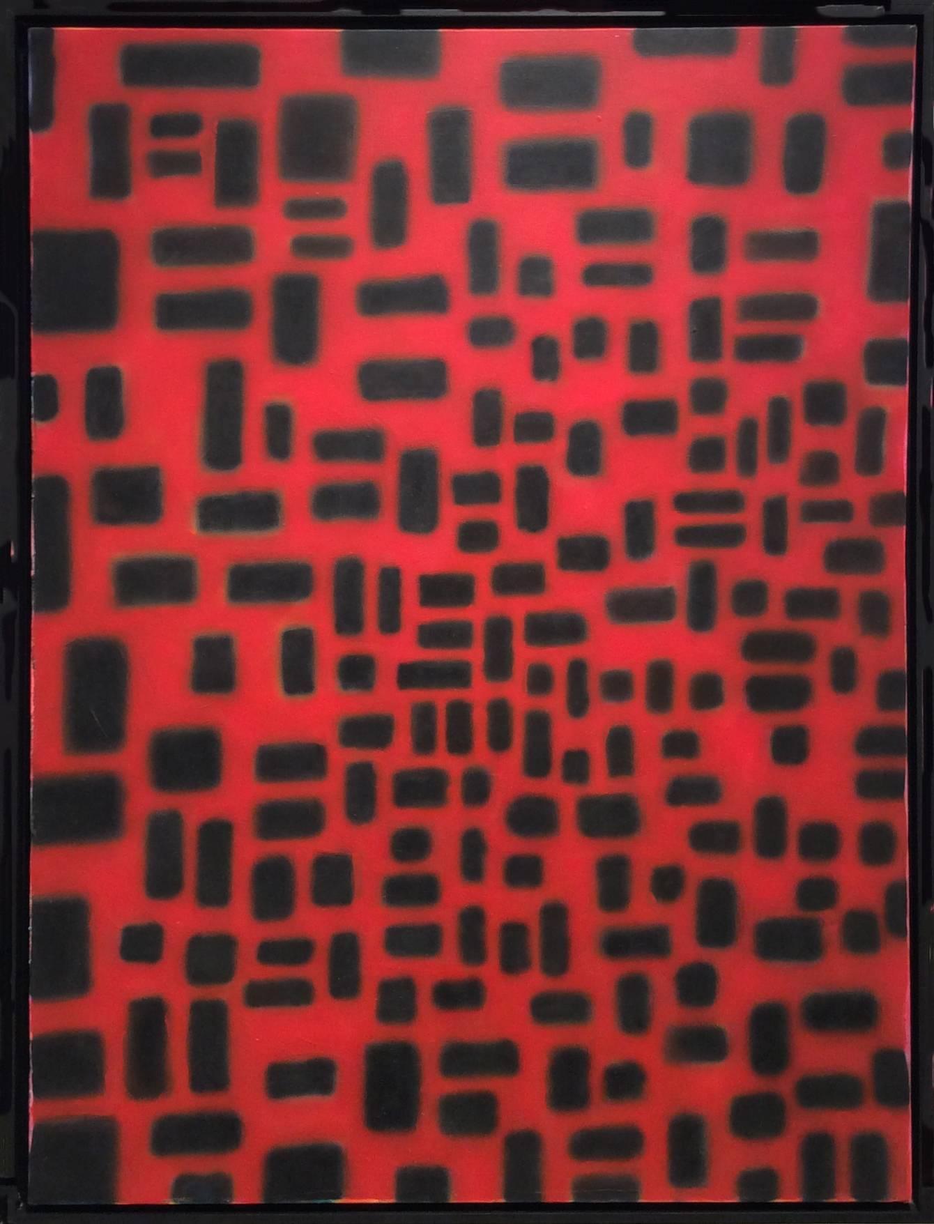 Stephen Brophy Abstract Painting - Red Convergence (Modern, Abstract Geometric Red & Black Painting in Black Frame