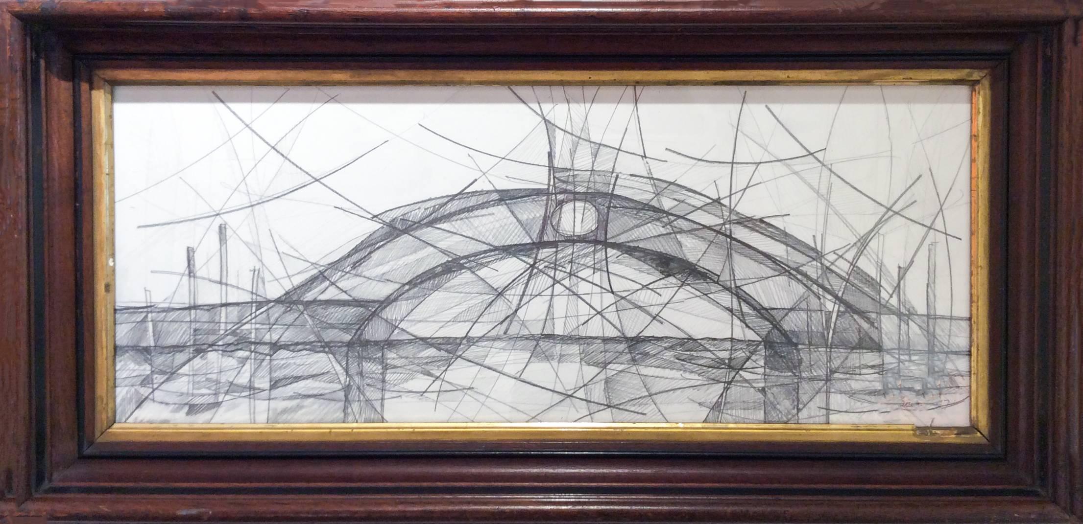 David Dew Bruner Abstract Drawing – Venezianische Brücke X ( abstrakte Graphitzeichnung im kubistischen Stil in Vintage-Rahmen)