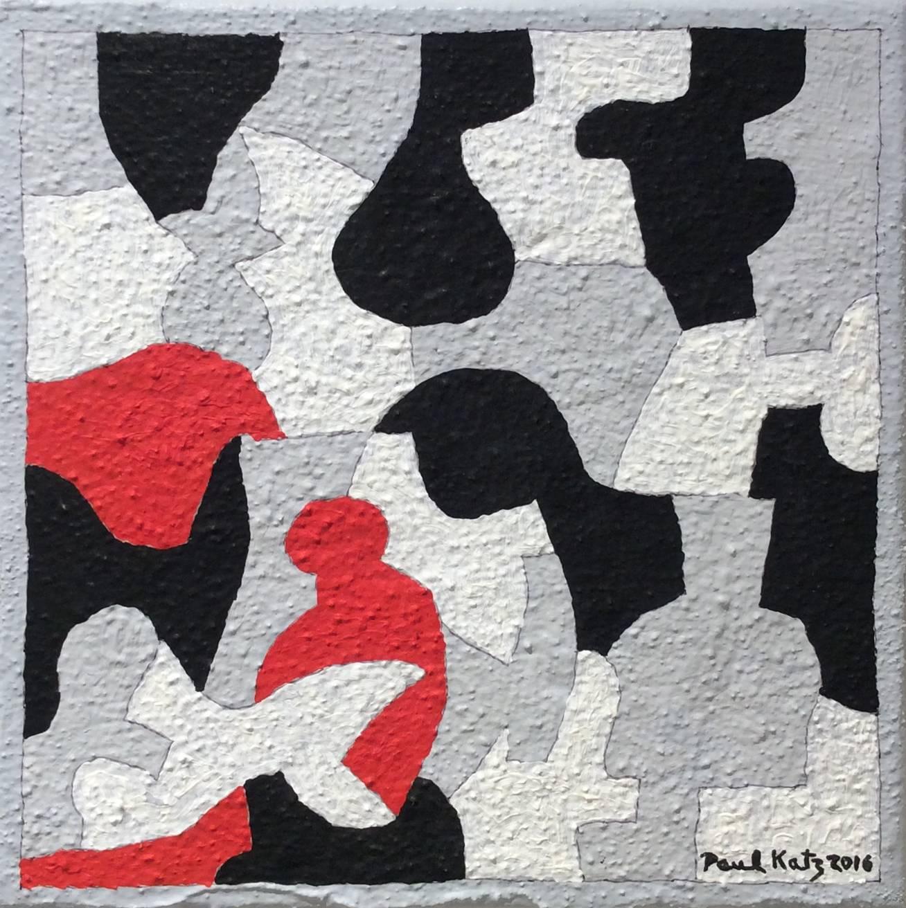 Paul Katz Abstract Painting - Interlock #35 (Graphic, Abstract Red, Black, White & Grey Painting on Canvas)
