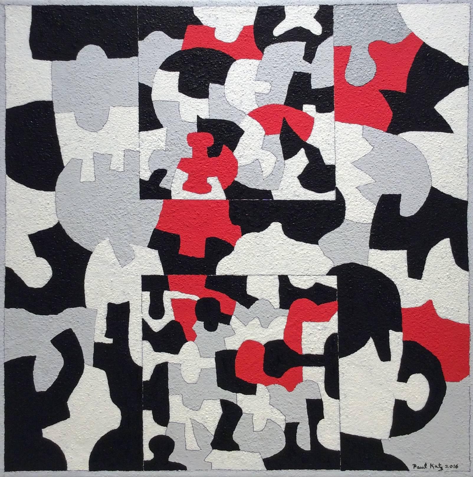 Paul Katz Abstract Painting - Interlock #45 (Graphic, Abstract Red, Grey, White & Black Painting on Canvas)