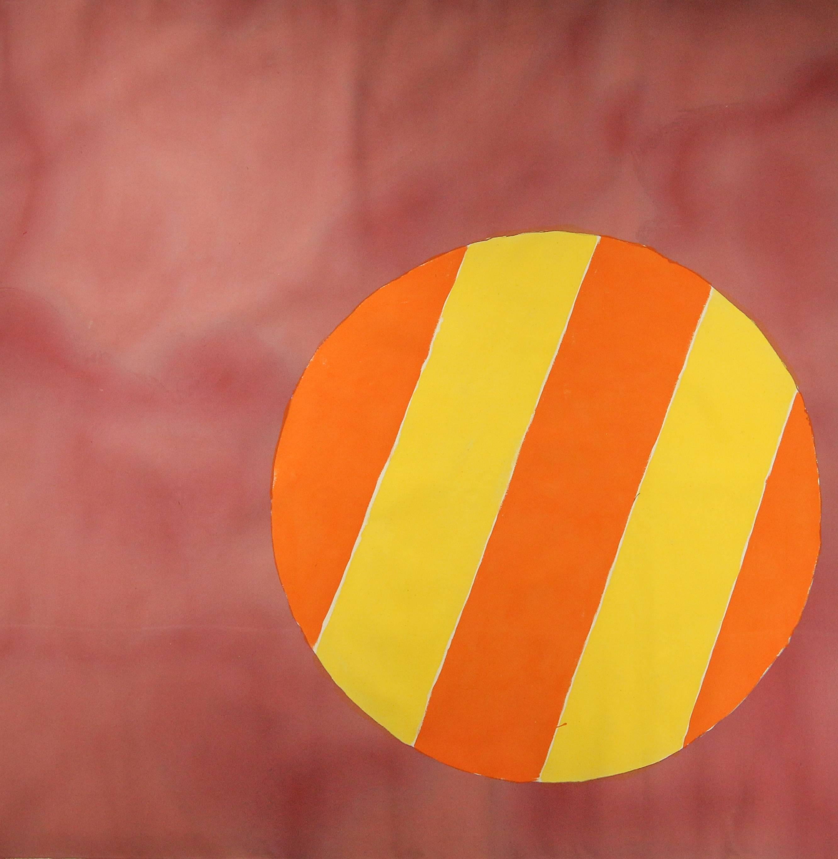 Edward Avedisian Abstract Painting - Untitled 028 (Mid-Century Modern Color Field Canvas in Raspberry w/ Striped Orb)