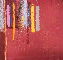 Untitled 055 (1970s Large Abstract Painting in Red with Splattered Stripes)