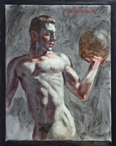 Athlete in the Nude (Figurative Oil Painting of Muscular Athlete with Shot Put)