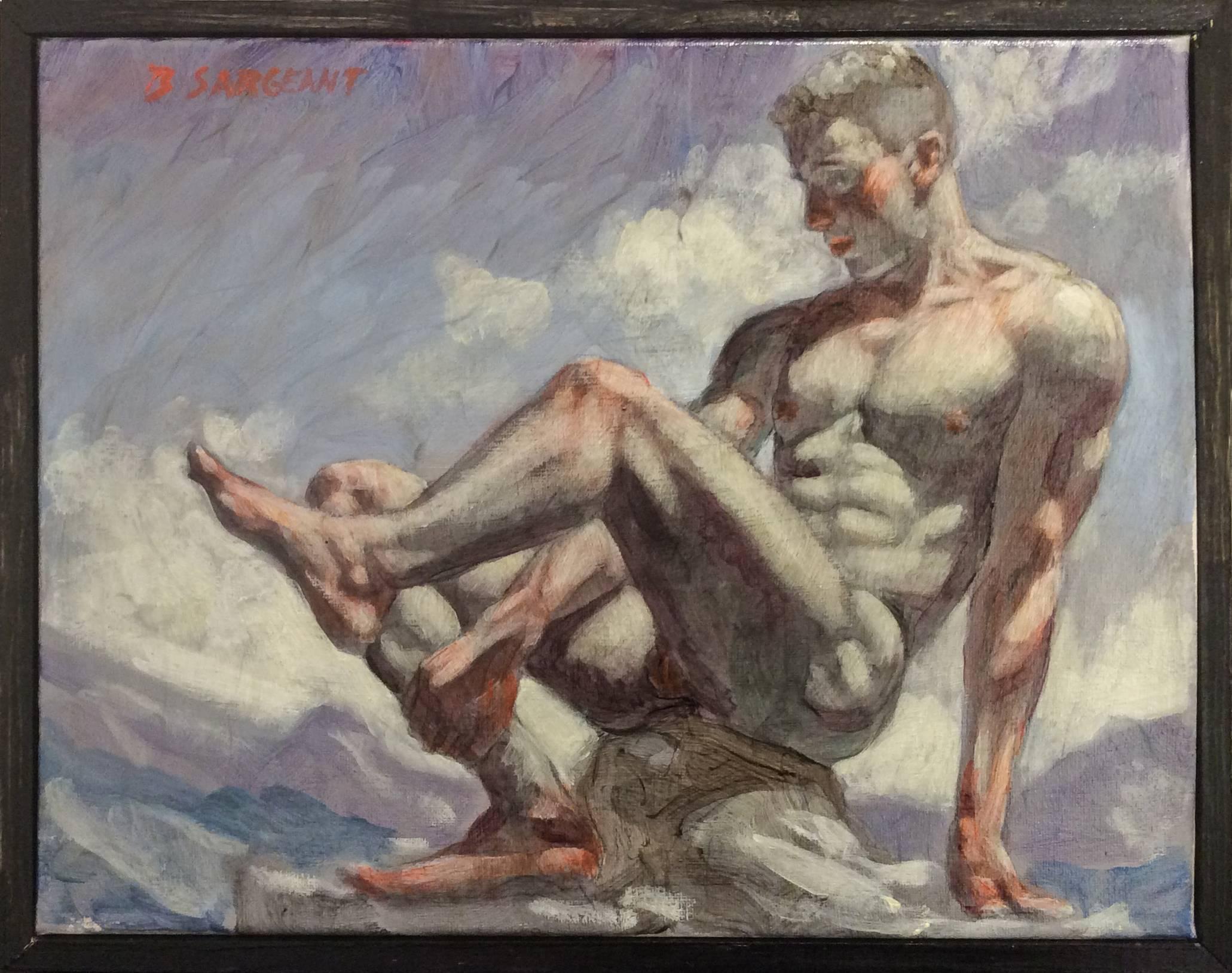 Mark Beard Figurative Painting - Nude Man on Rock (Figurative Oil Painting of Nude Male in Grey Blue Landscape)