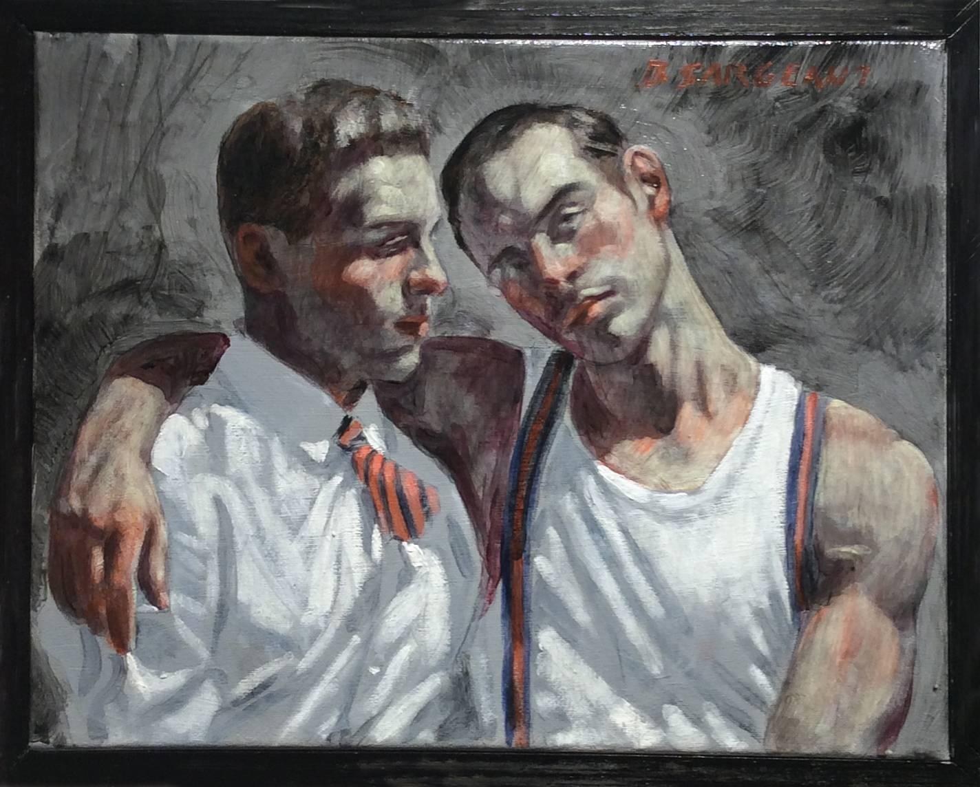 Mark Beard Portrait Painting - Two Men in White Shirts (Figurative Oil Painting in Charcoal Grey & Blue Tones)