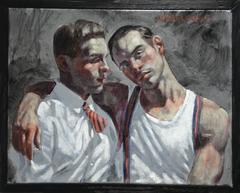 Deux hommes en chemise blanche (peinture à l'huile figurative dans les tons gris anthracite & bleu)