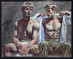 Deux hommes assis (peinture à l'huile figurative de style académique dans les tons de gris & Charcoal)