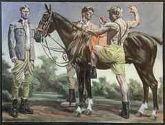 Equestrians with Black Horse (Figurative Oil Painting, Three Men in Landscape)