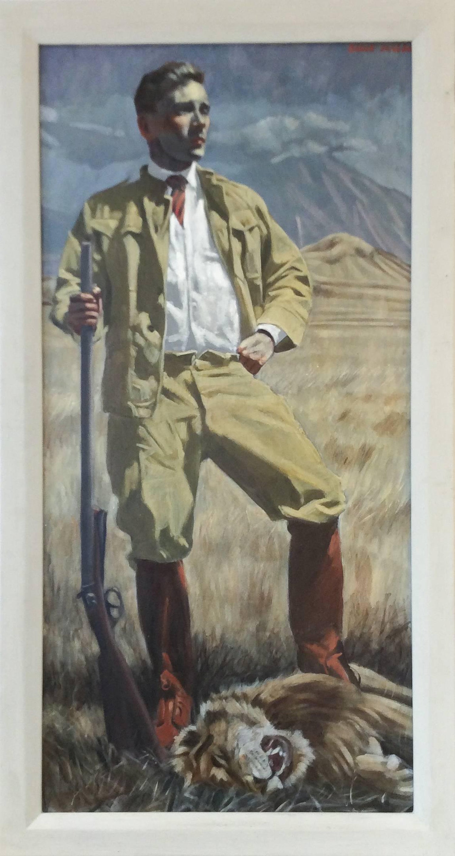 Mark Beard Lion Figurative Oil Painting Of Safari Hunter In