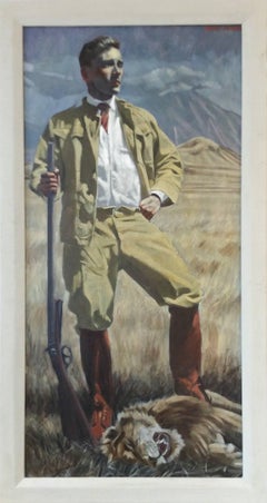 Löwe (Figuratives Ölgemälde eines Safari- Hunters in afrikanischer Landschaft, gerahmt)