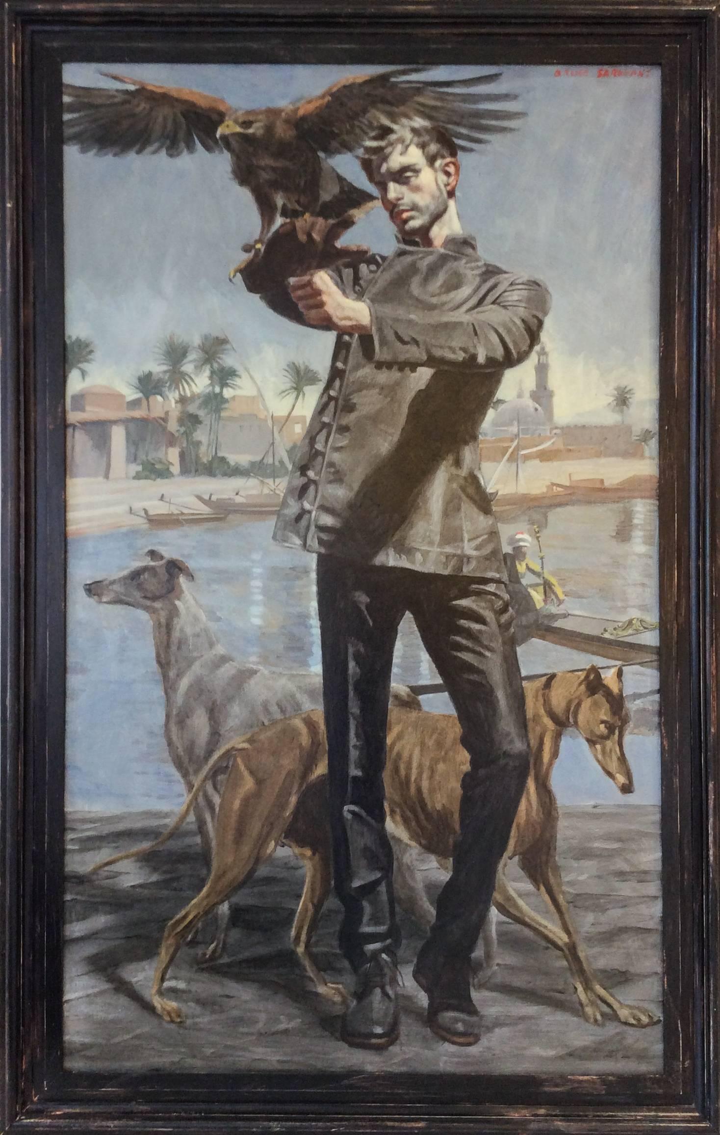 Mark Beard Figurative Painting - Falconer (Figurative Oil Painting of Black Suited Man with Greyhounds & Falcon)
