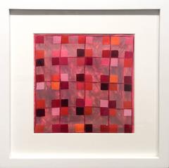 25A: Modern, Abstract Red, Pink, Orange & Ox Blood Grid Painting in White Frame