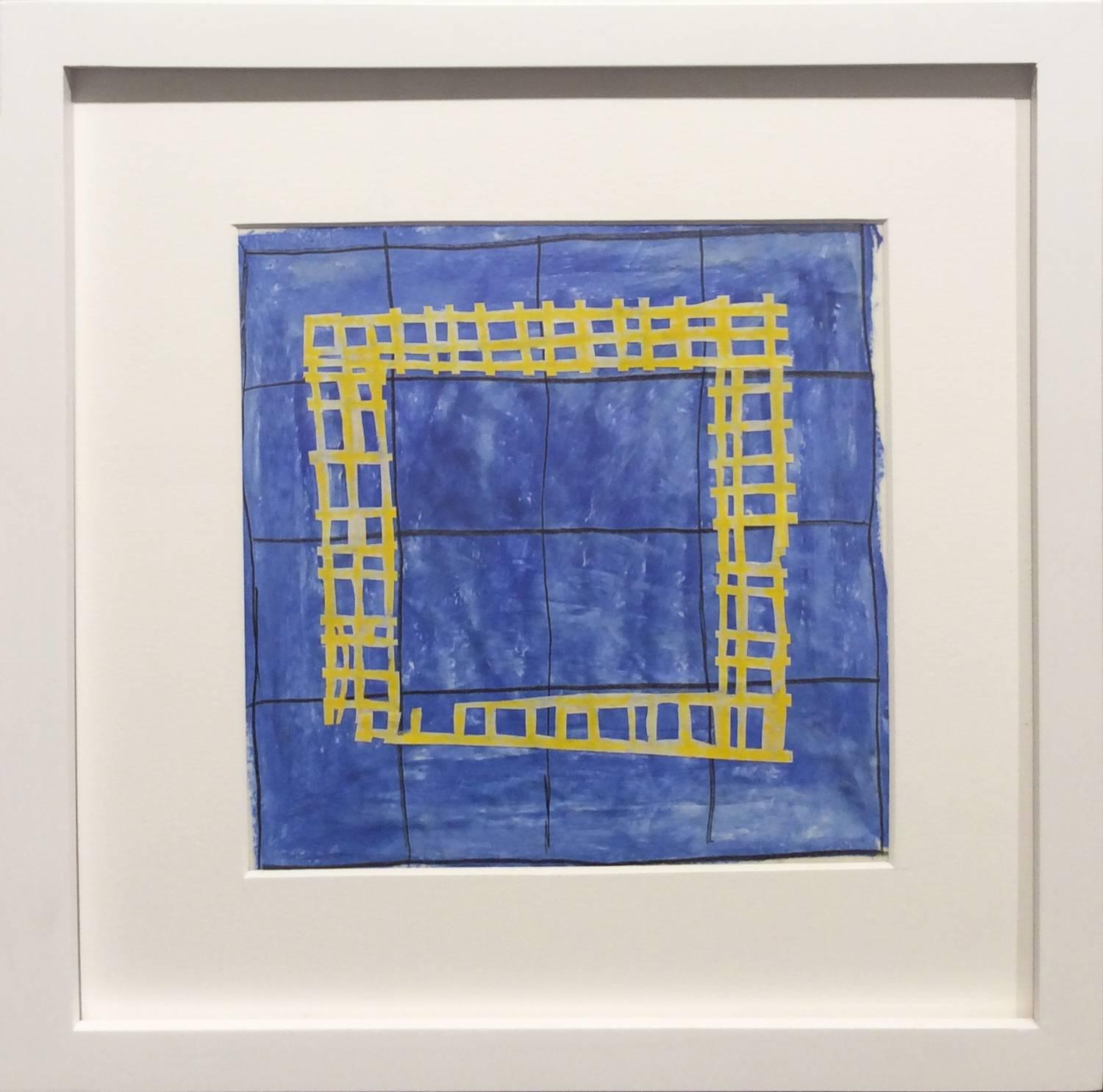16A (Modern, Abstract Blue & Yellow Grid Patterned Painting in White Frame) - Beige Abstract Painting by Donise English