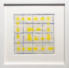16B: Modern, Abstract Blue, White, & Yellow Grid Pattern Painting in White Frame