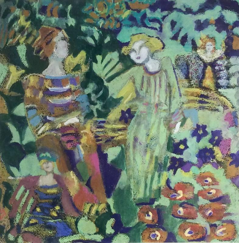 Faun and Fairies (Expressionist Oil Pastel of Figures and Flowers in the Garden)