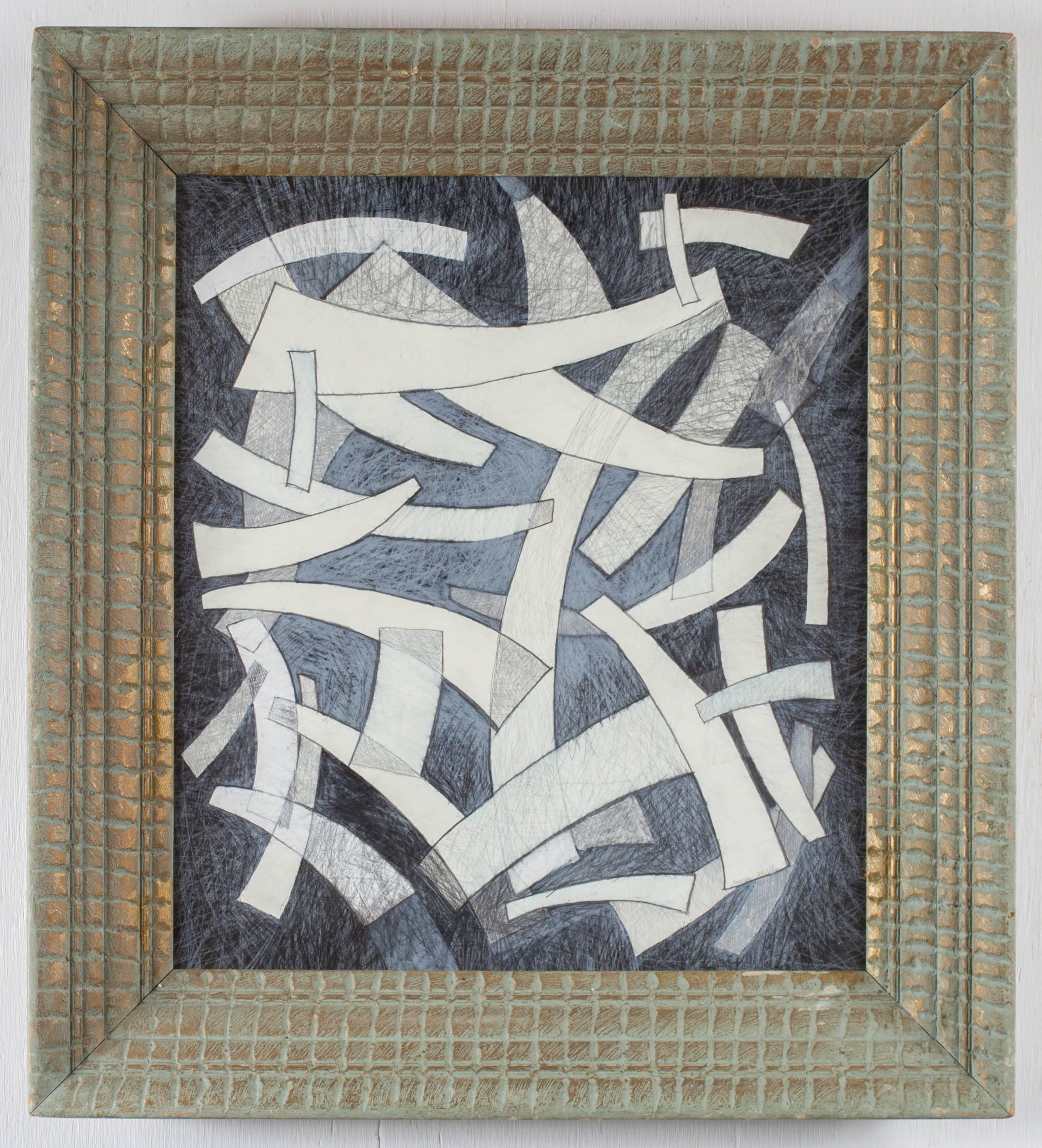 Arcs III: Abstract Light Blue, White & Black Constructivism Style Framed Drawing - Art by David Dew Bruner