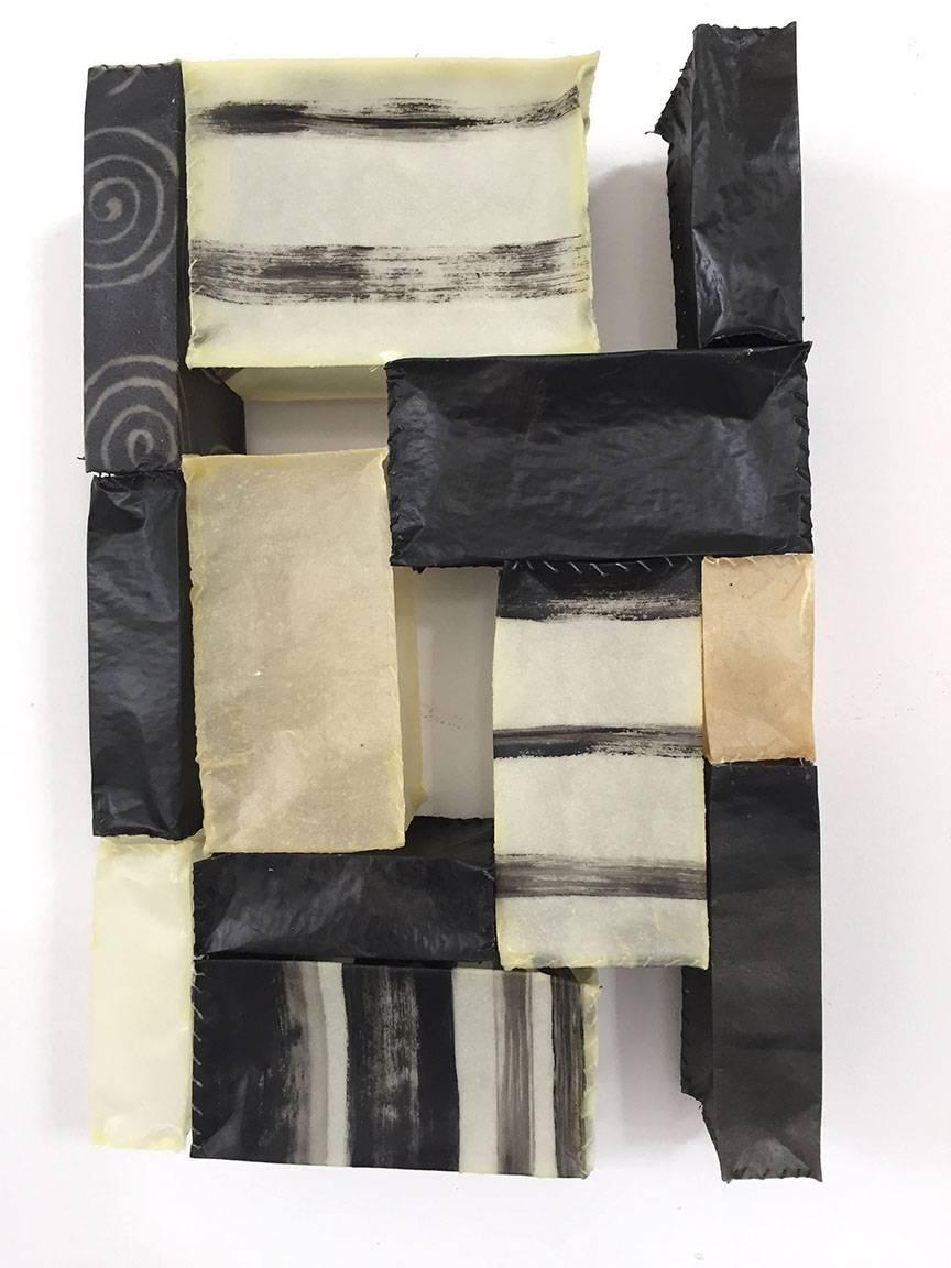 Donise English Abstract Sculpture - Paper Quilt #10 (Quirky Black and White Hand-stitched Abstract Wall Sculpture)