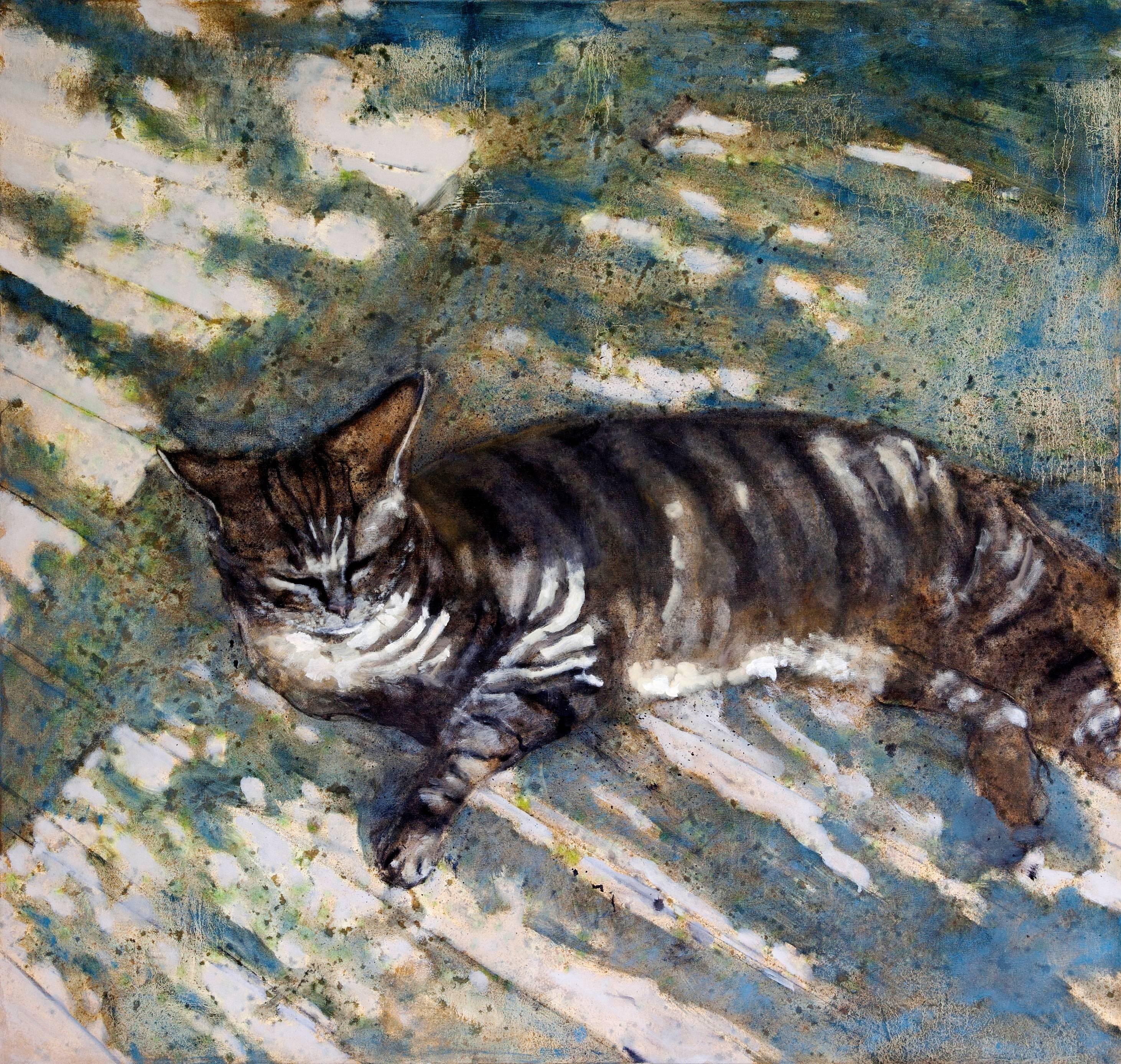 Night Season (Impressionistic Oil Painting of Tiger Striped Cat on a Porch)