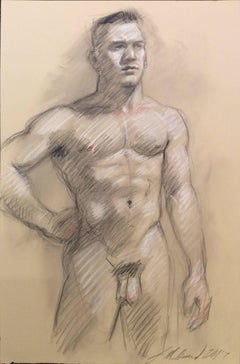 Vintage MB 001 (Modern, Academic Style Figurative Life Drawing of Muscular Male Nude )