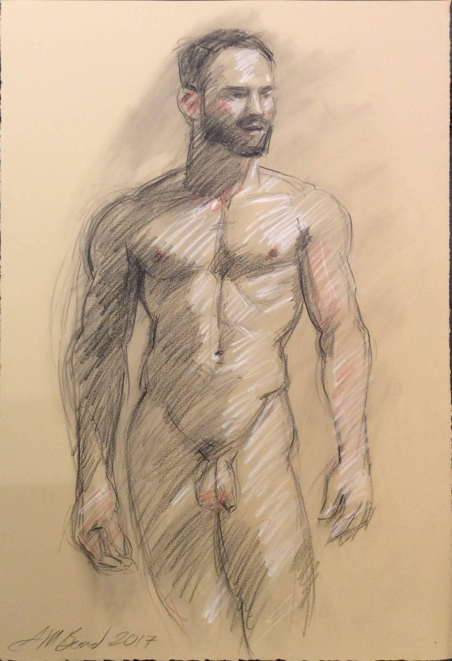 Mark Beard Figurative Art - MB 002 (Modern, Academic Style Figurative Life Drawing of Standing Male Nude)