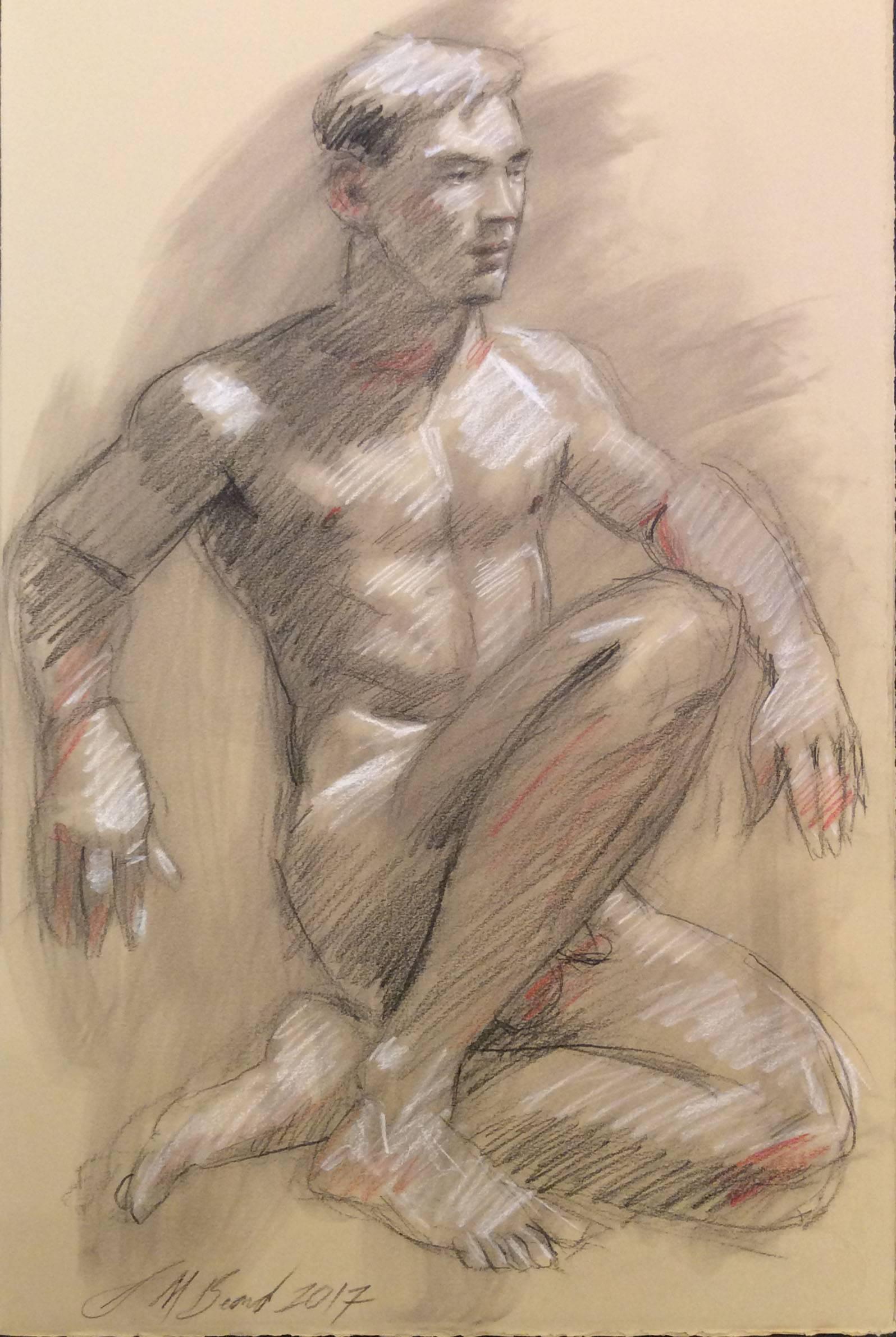 MB 003 (Modern, Academic Style Figurative Drawing of Seated Male Nude) - Art by Mark Beard