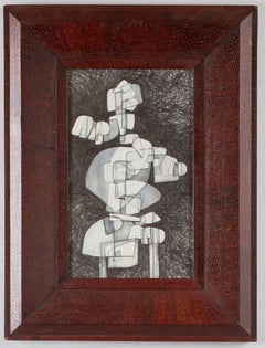 Totem Infanta XII (Modern, Abstract Cubist Style Drawing in Vintage Wood Frame)