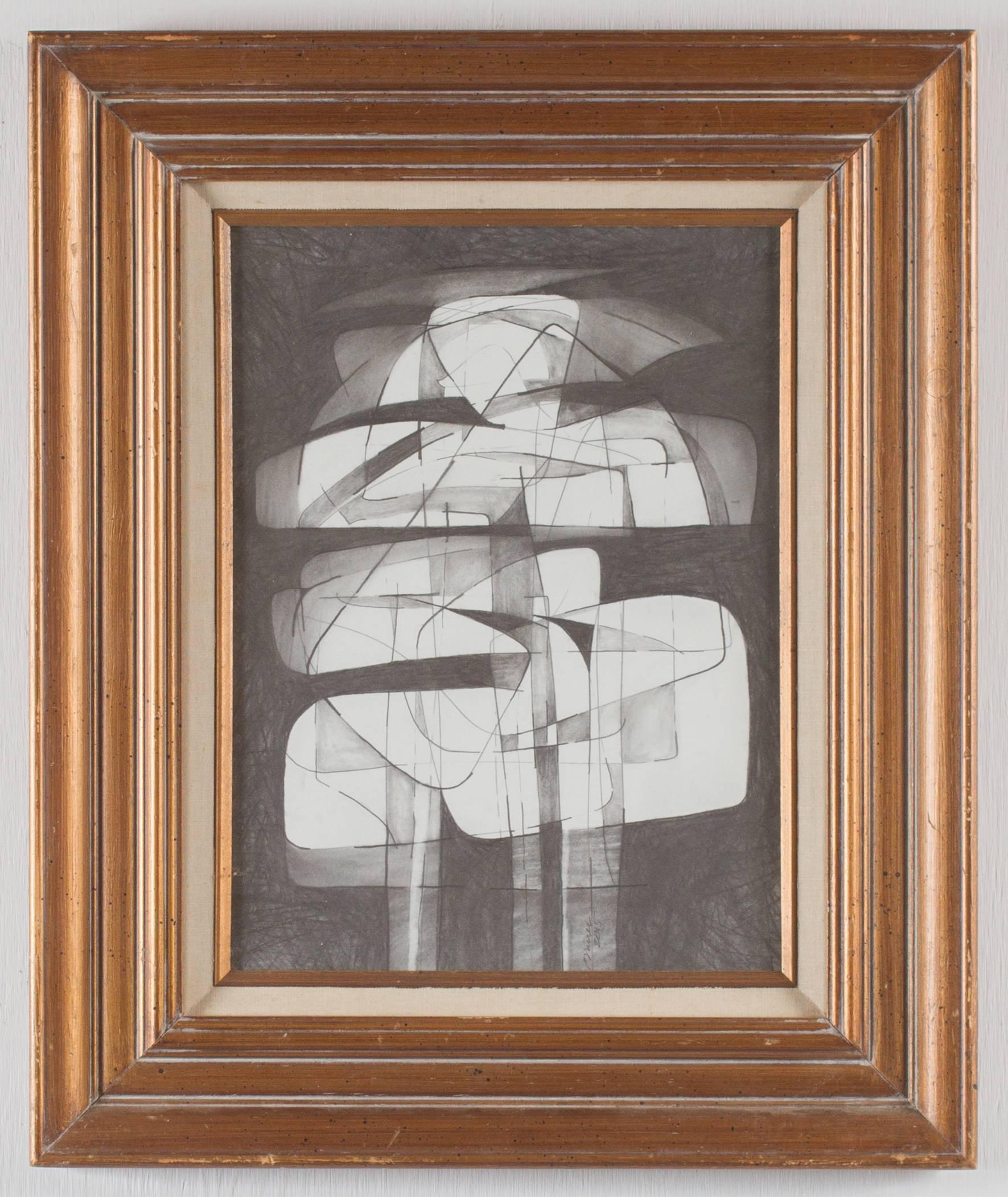 David Dew Bruner Abstract Drawing - Totem Infanta XIII (Modern, Abstract Cubist Style Drawing in Vintage Frame)